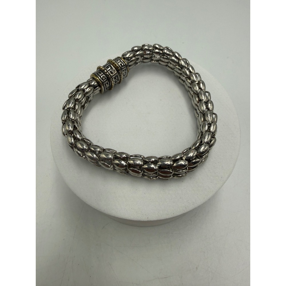 Greek Key Magnetic Clasp Popcorn Chain Bracelet Silver Gold Tone‎ Mixed Metal